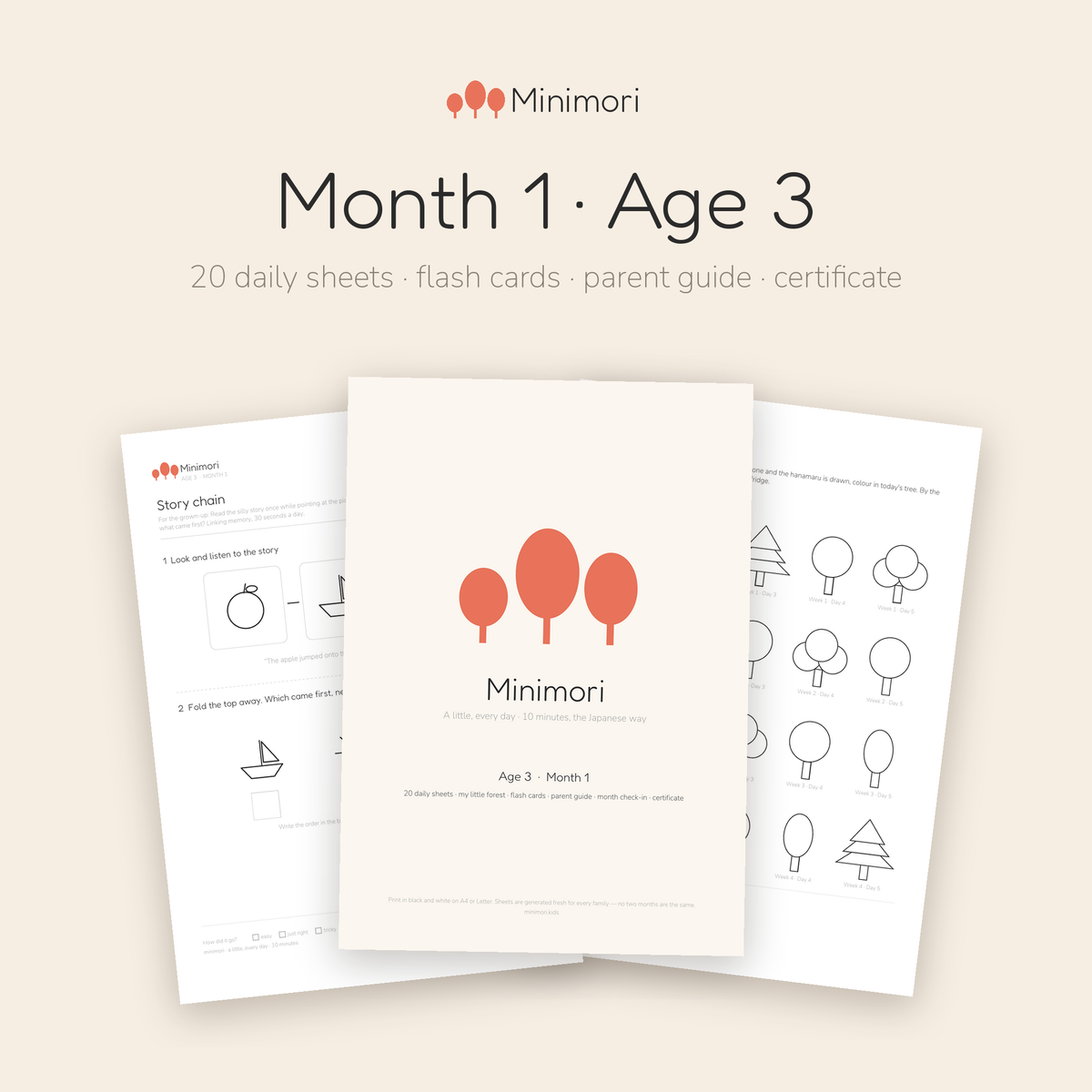 Pages from the Minimori Age 3 Month 1 printable pack: cover, story chain memory worksheet and the My little forest tracker. 20 daily sheets a month.