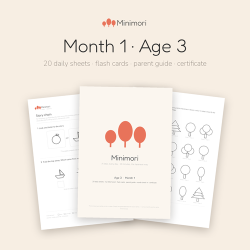 Pages from the Minimori Age 3 Month 1 printable pack: cover, story chain memory worksheet and the My little forest tracker. 20 daily sheets a month.