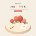 Minimori Age 4 Pre-K printable worksheet subscription: four coral 3D trees, a pencil and the Month 1 pack. 15 minutes a day, first week free.