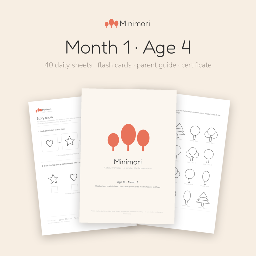 Pages from the Minimori Age 4 Month 1 printable pack: cover, story chain memory worksheet and the My little forest tracker. 40 daily sheets a month.