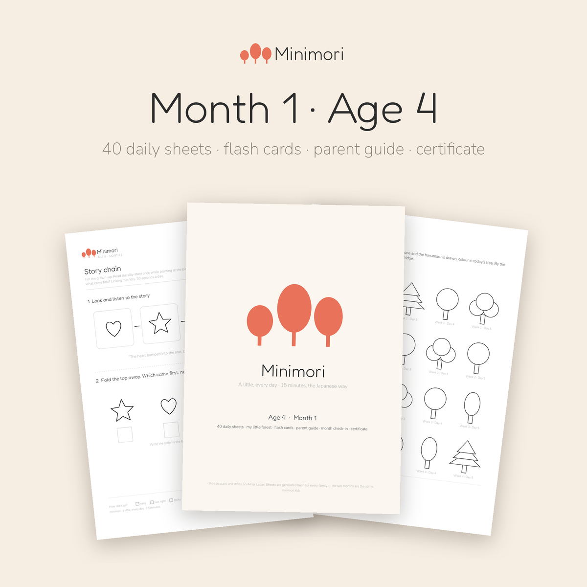 Pages from the Minimori Age 4 Month 1 printable pack: cover, story chain memory worksheet and the My little forest tracker. 40 daily sheets a month.