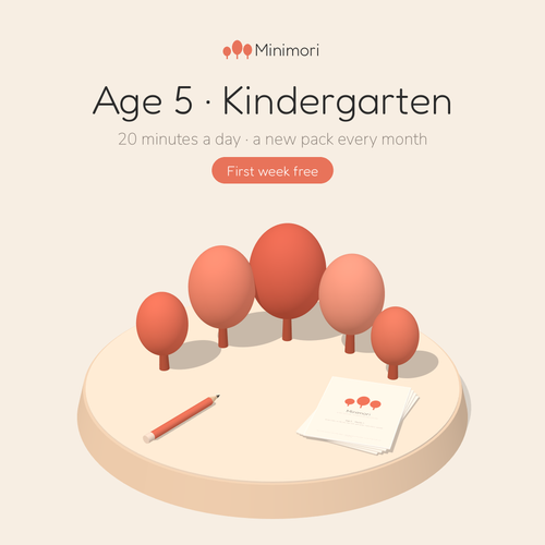 Minimori Age 5 Kindergarten printable worksheet subscription: five coral 3D trees, a pencil and the Month 1 pack. 20 minutes a day, first week free.