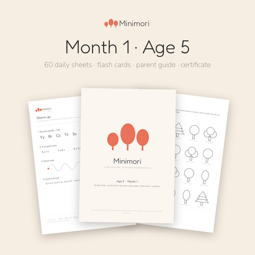 Pages from the Minimori Age 5 Month 1 printable pack: cover, warm-up worksheet with letter sounds and quick sums, and the My little forest tracker. 60 daily sheets a month.