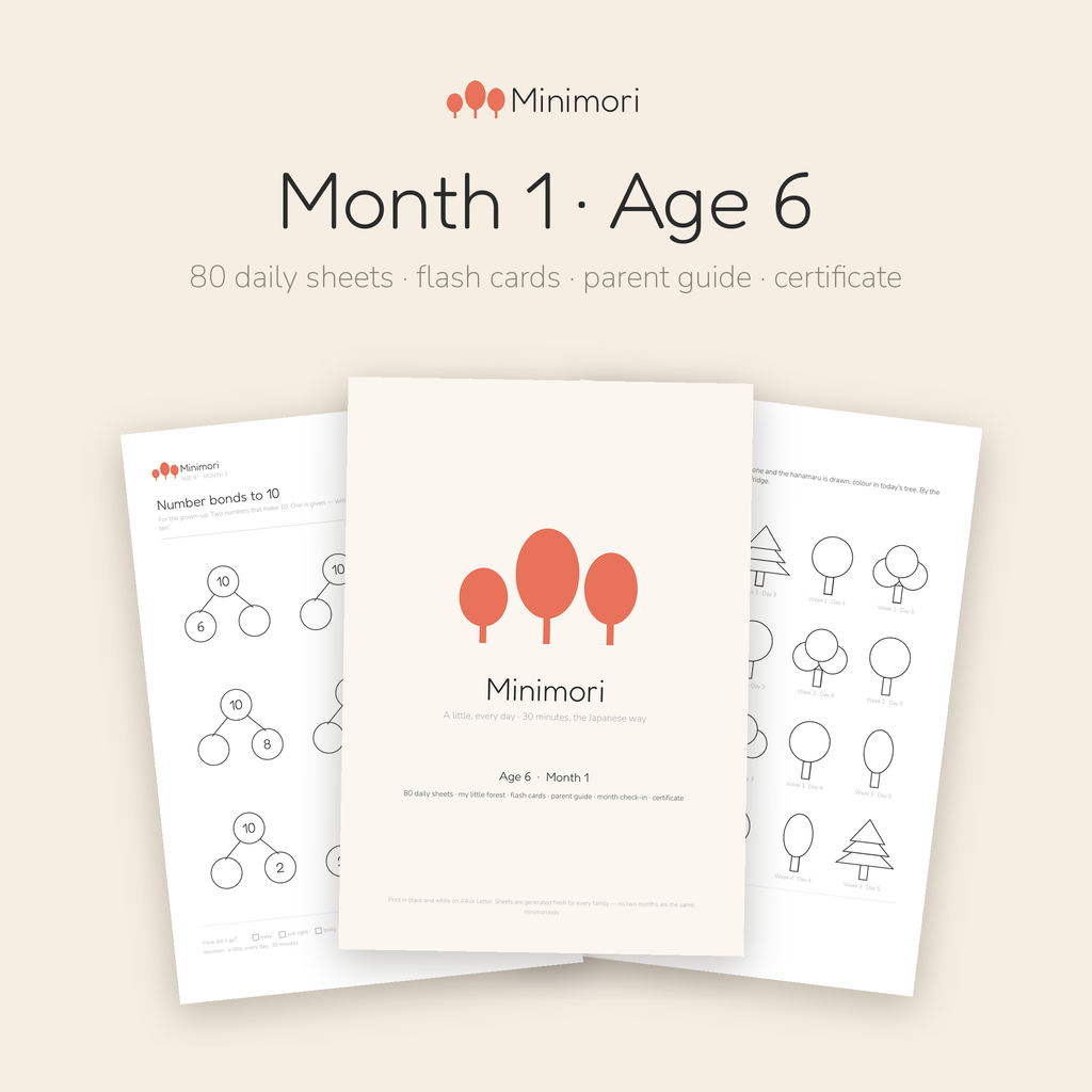 Pages from the Minimori Age 6 Month 1 printable pack: cover, number bonds worksheet and the My little forest tracker. 80 daily sheets a month.