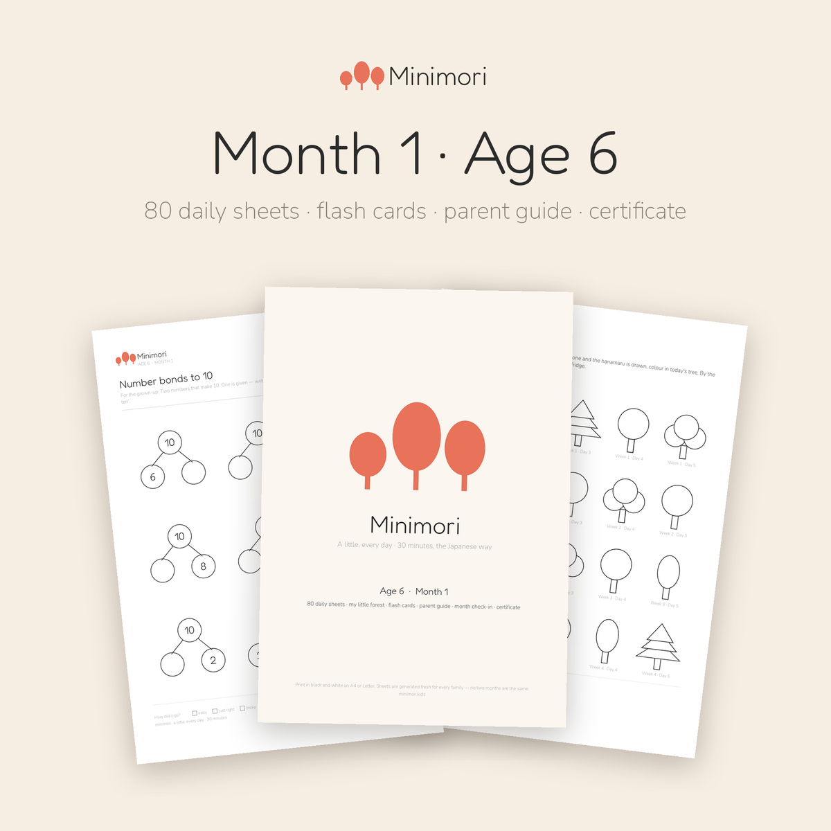 Pages from the Minimori Age 6 Month 1 printable pack: cover, number bonds worksheet and the My little forest tracker. 80 daily sheets a month.