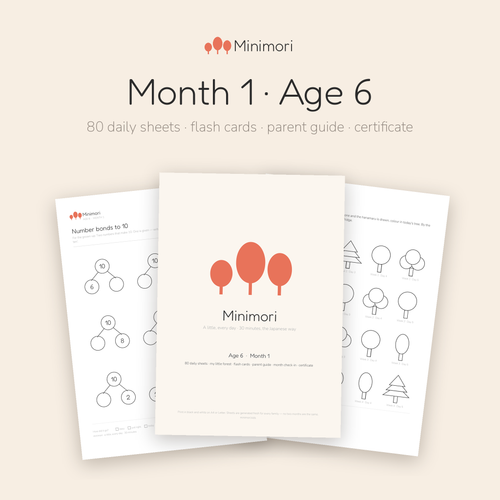 Pages from the Minimori Age 6 Month 1 printable pack: cover, number bonds worksheet and the My little forest tracker. 80 daily sheets a month.